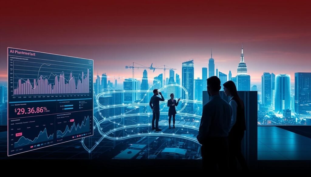 A complex yet cohesive AI implementation roadmap spanning the foreground, middle, and background. In the foreground, a visually striking data analytics dashboard, its graphs and charts illuminating key milestones. In the middle, a dynamic team collaborating on an intricate process flow, arrows and icons denoting the various stages. In the background, a majestic landscape of futuristic cityscape and towering server racks, symbolizing the grand scale of AI deployment. Soft, warm lighting casts an air of careful planning and strategic foresight. The composition and color palette convey a sense of order, progress, and ambitious vision - the essential elements of a successful AI implementation roadmap.