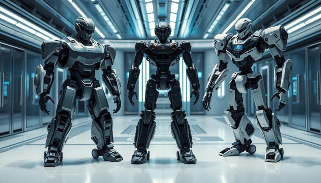 A detailed side-by-side comparison of Tesla Optimus and Figure 02, two cutting-edge humanoid robots, set against a sleek, high-tech background. In the foreground, the two robots stand in a confrontational pose, their advanced features and mechanisms vividly depicted. Optimus, Tesla's prototype, showcases its impressive size and power, while Figure 02, a creation by a rival company, exhibits a more streamlined and agile design. The middle ground features a futuristic laboratory setting, with gleaming metal surfaces, holographic displays, and a sense of scientific progress. The background is bathed in a cool, blue-tinged lighting, creating a contemplative and analytical atmosphere, inviting the viewer to ponder the merits and limitations of these two unique humanoid robots. A detailed side-by-side comparison of Tesla Optimus and Figure 02, two cutting-edge humanoid robots, set against a sleek, high-tech background. In the foreground, the two robots stand in a confrontational pose, their advanced features and mechanisms vividly depicted. Optimus, Tesla's prototype, showcases its impressive size and power, while Figure 02, a creation by a rival company, exhibits a more streamlined and agile design. The middle ground features a futuristic laboratory setting, with gleaming metal surfaces, holographic displays, and a sense of scientific progress. The background is bathed in a cool, blue-tinged lighting, creating a contemplative and analytical atmosphere, inviting the viewer to ponder the merits and limitations of these two unique humanoid robots.