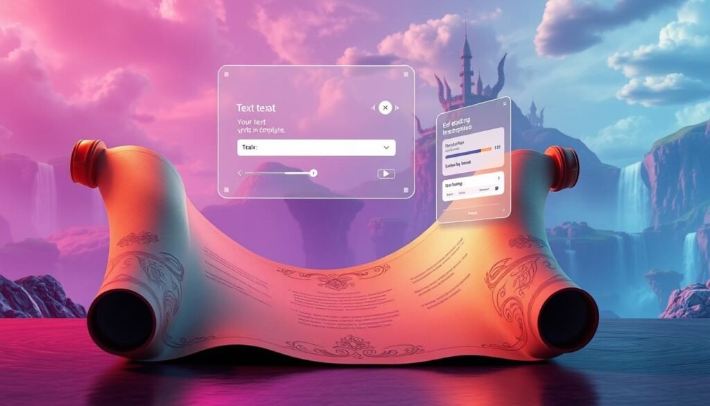 A digital illustration of a "mega-prompt template" for the ChatGPT text-to-image generation process. In the foreground, a realistic 3D model of a large, ornate paper scroll unfurls, with intricate calligraphic details and an antique, parchment-like texture. The scroll is illuminated by soft, directional lighting from the top left, casting subtle shadows. In the middle ground, a futuristic, holographic user interface hovers, with floating text fields, sliders, and buttons for customizing the prompt. The background features a surreal, dreamlike landscape with floating islands, cascading waterfalls, and a vibrant, saturated color palette, evoking a sense of boundless creativity and imagination. The overall mood is one of wonder, contemplation, and the fusion of the analog and digital realms.