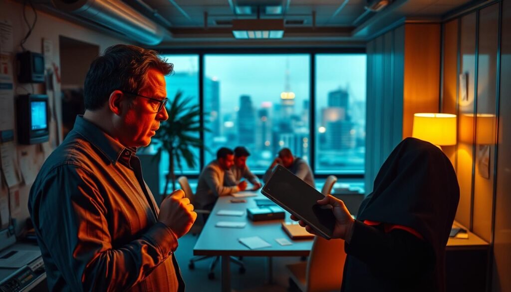 A dimly lit corporate office, the walls adorned with outdated technology and cluttered with papers. In the foreground, a frustrated executive grasps a malfunctioning tablet, symbolizing the disconnect between the organization's digital ambitions and its technological capabilities. The middle ground reveals a team of specialists huddled around a conference table, their expressions reflecting the strain of bridging the gap between the business and IT departments. In the background, a window offers a glimpse of the modern, fast-paced cityscape, hinting at the external pressures and changing market demands that the organization struggles to keep up with. The scene is bathed in a warm, amber glow, creating a sense of unease and the need for a cohesive, strategic vision to align the organization's technology with its business objectives.
