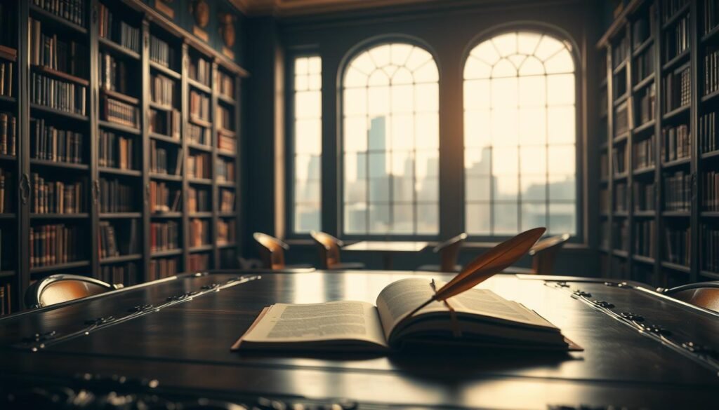 A dimly lit library interior, with bookshelves lining the walls and a large ornate desk in the foreground. On the desk, an open book and a quill pen, suggesting a scholarly setting. Soft, warm lighting illuminates the scene, creating a contemplative atmosphere. In the background, a large window overlooking a city skyline, hinting at the broader context and the importance of the task at hand. The perspective is slightly low and centered, drawing the viewer's attention to the desk and the tools of intellectual labor.