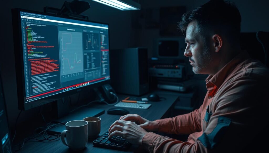 A dimly lit office workspace, with a developer sitting at a desk, intently studying a computer screen displaying technical diagrams and error messages. The desk is cluttered with various cables, tools, and a mug of coffee, hinting at the troubleshooting process. The developer's brow is furrowed in concentration, their fingers typing rapidly on the keyboard, as they try to resolve the challenging RAG issues at hand. The overall atmosphere is one of focused problem-solving, with a sense of urgency and determination to find the root cause and fix the problem. A dimly lit office workspace, with a developer sitting at a desk, intently studying a computer screen displaying technical diagrams and error messages. The desk is cluttered with various cables, tools, and a mug of coffee, hinting at the troubleshooting process. The developer's brow is furrowed in concentration, their fingers typing rapidly on the keyboard, as they try to resolve the challenging RAG issues at hand. The overall atmosphere is one of focused problem-solving, with a sense of urgency and determination to find the root cause and fix the problem.