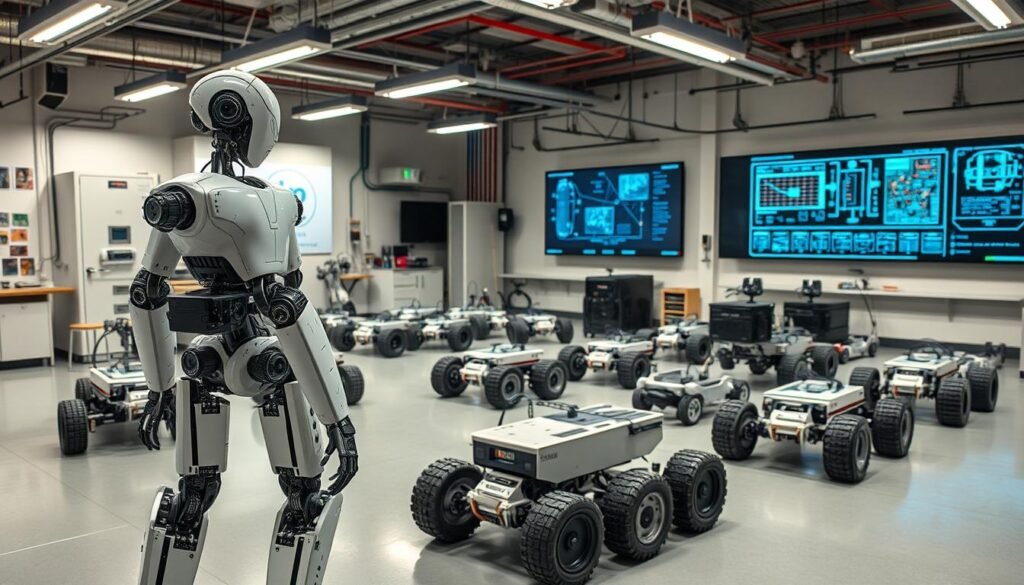 A high-tech laboratory filled with various robotic systems, their complex mechanisms and sensors on full display. In the foreground, a state-of-the-art humanoid robot stands tall, its articulated limbs and advanced actuators showcasing its potential for practical applications. The middle ground features a fleet of wheeled and tracked robots, navigating through a simulated environment, demonstrating their versatility. In the background, a wall-mounted display presents schematics and data visualizations, highlighting the advanced software and algorithms that power these robotic systems. Bright, focused lighting illuminates the scene, casting sharp shadows and emphasizing the mechanical precision of the robotic devices. An atmosphere of innovation and technological progress permeates the space, suggesting the real-world potential of these robotic solutions. A high-tech laboratory filled with various robotic systems, their complex mechanisms and sensors on full display. In the foreground, a state-of-the-art humanoid robot stands tall, its articulated limbs and advanced actuators showcasing its potential for practical applications. The middle ground features a fleet of wheeled and tracked robots, navigating through a simulated environment, demonstrating their versatility. In the background, a wall-mounted display presents schematics and data visualizations, highlighting the advanced software and algorithms that power these robotic systems. Bright, focused lighting illuminates the scene, casting sharp shadows and emphasizing the mechanical precision of the robotic devices. An atmosphere of innovation and technological progress permeates the space, suggesting the real-world potential of these robotic solutions.
