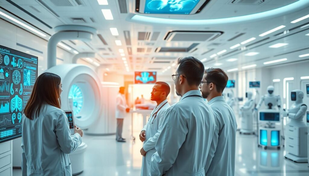 A medical facility with a futuristic, high-tech aesthetic. In the foreground, a team of doctors and researchers examining a digital dashboard displaying complex medical data and AI-generated insights. Midground, a state-of-the-art medical imaging device scanning a patient, its display showing intricate 3D renderings. In the background, a vast, open-concept workspace filled with holographic displays, robotic assistants, and an atmosphere of focused innovation. Bright, diffuse lighting bathes the scene, conveying a sense of cutting-edge progress and medical advancement. The overall mood is one of clinical precision and technological prowess applied to revolutionizing healthcare.