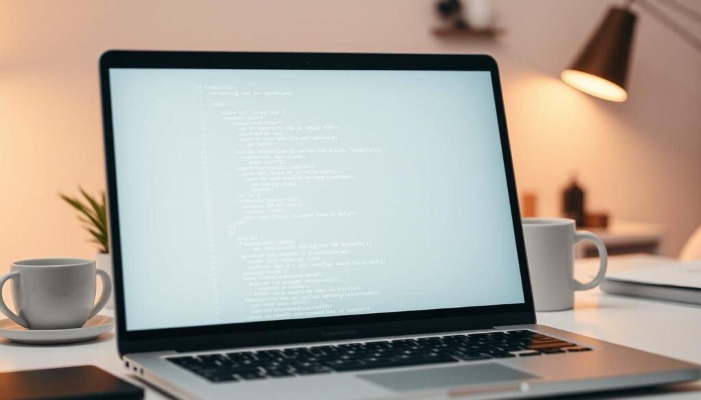 A neatly formatted example of code output, displayed on a clean, minimalist desk setup. In the foreground, a laptop screen shows a simple, well-structured text-based output, with clear headings, indentation, and color-coded syntax. The background features a neutral-toned, slightly blurred office environment, with a potted plant, a coffee mug, and tasteful decor elements that create a professional, focused atmosphere. Warm, diffused lighting illuminates the scene, creating a sense of clarity and productivity.