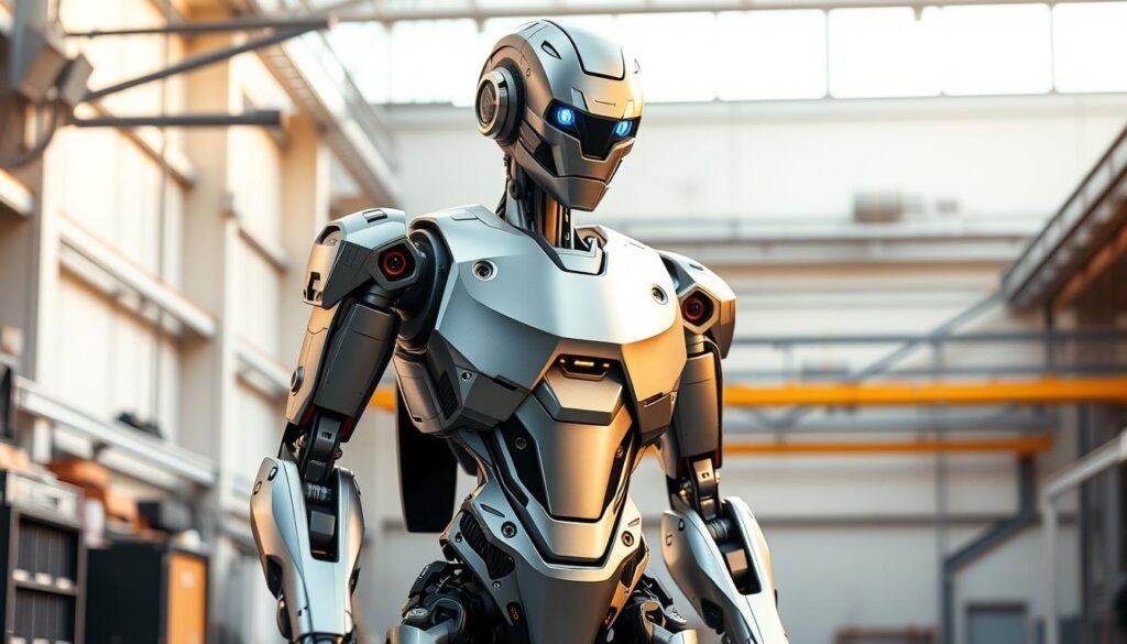 A sleek, advanced humanoid robot stands in a high-tech workshop, bathed in warm, directional lighting that highlights its intricate mechanical details. Brushed metal joints, articulated limbs, and a boldly designed torso evoke a sense of power and precision. The robot's head features a streamlined, angular design with a pair of perceptive optical sensors, hinting at its sophisticated visual capabilities. The background showcases a minimalist, industrial setting, with clean lines, exposed support structures, and a sense of technological progress. Convey a balanced impression of both form and function, reflecting the emerging capabilities of this cutting-edge robotic platform. A sleek, advanced humanoid robot stands in a high-tech workshop, bathed in warm, directional lighting that highlights its intricate mechanical details. Brushed metal joints, articulated limbs, and a boldly designed torso evoke a sense of power and precision. The robot's head features a streamlined, angular design with a pair of perceptive optical sensors, hinting at its sophisticated visual capabilities. The background showcases a minimalist, industrial setting, with clean lines, exposed support structures, and a sense of technological progress. Convey a balanced impression of both form and function, reflecting the emerging capabilities of this cutting-edge robotic platform.
