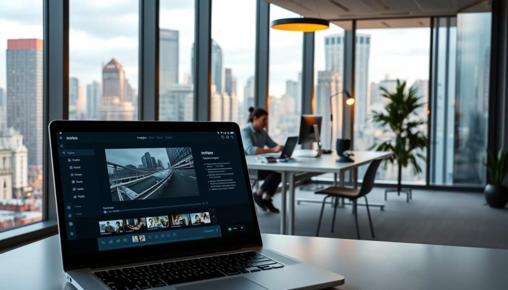 A sleek and modern office interior with large windows overlooking a bustling city skyline. In the foreground, a laptop displays the InVideo platform's intuitive user interface, showcasing video editing tools and social media integration. In the middle ground, a young content creator sits at a minimalist desk, immersed in the video creation process, surrounded by various devices and accessories. The lighting is a mix of natural daylight and warm artificial illumination, creating a productive and inspiring atmosphere. The overall scene conveys the ease and efficiency of using the InVideo platform to craft engaging social media videos. A sleek and modern office interior with large windows overlooking a bustling city skyline. In the foreground, a laptop displays the InVideo platform's intuitive user interface, showcasing video editing tools and social media integration. In the middle ground, a young content creator sits at a minimalist desk, immersed in the video creation process, surrounded by various devices and accessories. The lighting is a mix of natural daylight and warm artificial illumination, creating a productive and inspiring atmosphere. The overall scene conveys the ease and efficiency of using the InVideo platform to craft engaging social media videos.