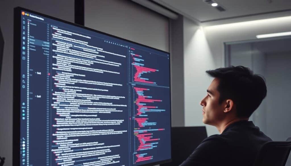 A sleek and modern software development workspace, with a large monitor displaying an AI-powered code review interface. In the foreground, a developer scrutinizes lines of code, their face illuminated by the screen's glow. Intricate algorithms and data visualizations dance across the display, offering real-time insights and suggestions. The background features a minimalist, high-tech environment, with clean lines, muted tones, and subtle lighting that creates a sense of focus and technological sophistication. The overall mood is one of efficient, AI-driven code analysis, empowering developers to write cleaner, more robust software. A sleek and modern software development workspace, with a large monitor displaying an AI-powered code review interface. In the foreground, a developer scrutinizes lines of code, their face illuminated by the screen's glow. Intricate algorithms and data visualizations dance across the display, offering real-time insights and suggestions. The background features a minimalist, high-tech environment, with clean lines, muted tones, and subtle lighting that creates a sense of focus and technological sophistication. The overall mood is one of efficient, AI-driven code analysis, empowering developers to write cleaner, more robust software.