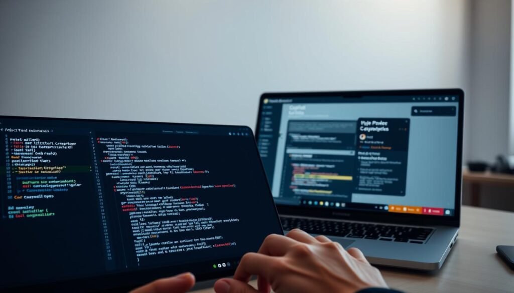 A sleek, modern software development setup featuring the GitHub Copilot AI assistant. In the foreground, a developer's hands type code into a high-resolution code editor, with the Copilot interface visible above the text. In the middle ground, a laptop displays a project management dashboard, with GitHub repositories and collaboration tools. The background depicts a minimalist office space, with soft indirect lighting creating a focused, productive atmosphere. The overall scene conveys the seamless integration of AI-powered coding assistance into the developer's workflow, enhancing productivity and creativity. A sleek, modern software development setup featuring the GitHub Copilot AI assistant. In the foreground, a developer's hands type code into a high-resolution code editor, with the Copilot interface visible above the text. In the middle ground, a laptop displays a project management dashboard, with GitHub repositories and collaboration tools. The background depicts a minimalist office space, with soft indirect lighting creating a focused, productive atmosphere. The overall scene conveys the seamless integration of AI-powered coding assistance into the developer's workflow, enhancing productivity and creativity.