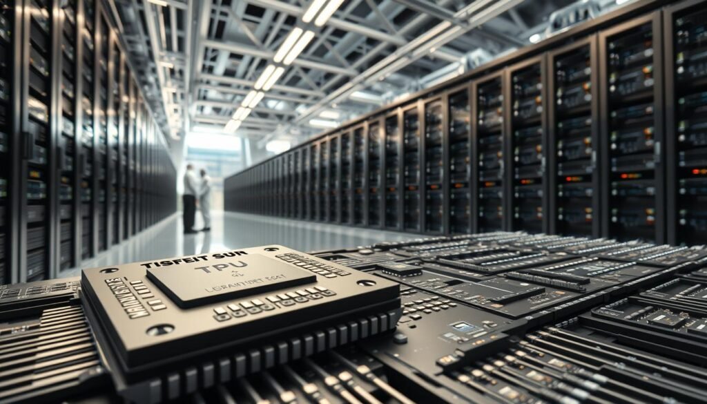 A sleek, state-of-the-art data center filled with rows of server racks housing the latest tensor processing units (TPUs). The TPUs are rendered in intricate detail, their intricate silicon wafers and cooling systems visible under soft, directional lighting. In the foreground, a close-up of a single TPU chip showcases its advanced architecture, with labeled components and annotated performance specifications. The midground features a panoramic view of the data center, with technicians in clean room suits maintaining the systems. The background depicts the larger facility, with architectural elements that evoke a sense of modern, cutting-edge technology. The overall scene conveys the power and sophistication of TPU hardware, hinting at its pivotal role in powering the next generation of AI and machine learning. A sleek, state-of-the-art data center filled with rows of server racks housing the latest tensor processing units (TPUs). The TPUs are rendered in intricate detail, their intricate silicon wafers and cooling systems visible under soft, directional lighting. In the foreground, a close-up of a single TPU chip showcases its advanced architecture, with labeled components and annotated performance specifications. The midground features a panoramic view of the data center, with technicians in clean room suits maintaining the systems. The background depicts the larger facility, with architectural elements that evoke a sense of modern, cutting-edge technology. The overall scene conveys the power and sophistication of TPU hardware, hinting at its pivotal role in powering the next generation of AI and machine learning.