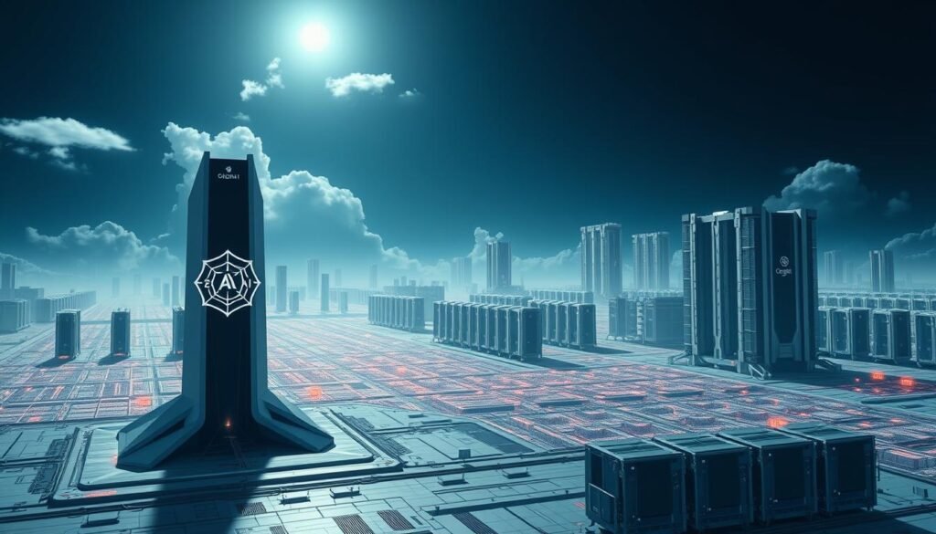 A vast, futuristic landscape showcasing the cutting-edge AI infrastructure powering the industry's top contenders. In the foreground, a towering 'Stargate' structure emblazoned with the OpenAI logo, its sleek, angular design a testament to advanced computational power. In the middle ground, rows of Google's TPU Pods, their modular architecture radiating an aura of efficiency. The background is a panorama of towering data centers, their gleaming facades reflecting the sky above. The scene is bathed in a cool, grim-tinted lighting, evoking a sense of high-stakes competition and technological supremacy. The composition emphasizes the scale and grandeur of these AI behemoths, challenging the viewer to ponder the future of the AI infrastructure landscape. A vast, futuristic landscape showcasing the cutting-edge AI infrastructure powering the industry's top contenders. In the foreground, a towering 'Stargate' structure emblazoned with the OpenAI logo, its sleek, angular design a testament to advanced computational power. In the middle ground, rows of Google's TPU Pods, their modular architecture radiating an aura of efficiency. The background is a panorama of towering data centers, their gleaming facades reflecting the sky above. The scene is bathed in a cool, grim-tinted lighting, evoking a sense of high-stakes competition and technological supremacy. The composition emphasizes the scale and grandeur of these AI behemoths, challenging the viewer to ponder the future of the AI infrastructure landscape.