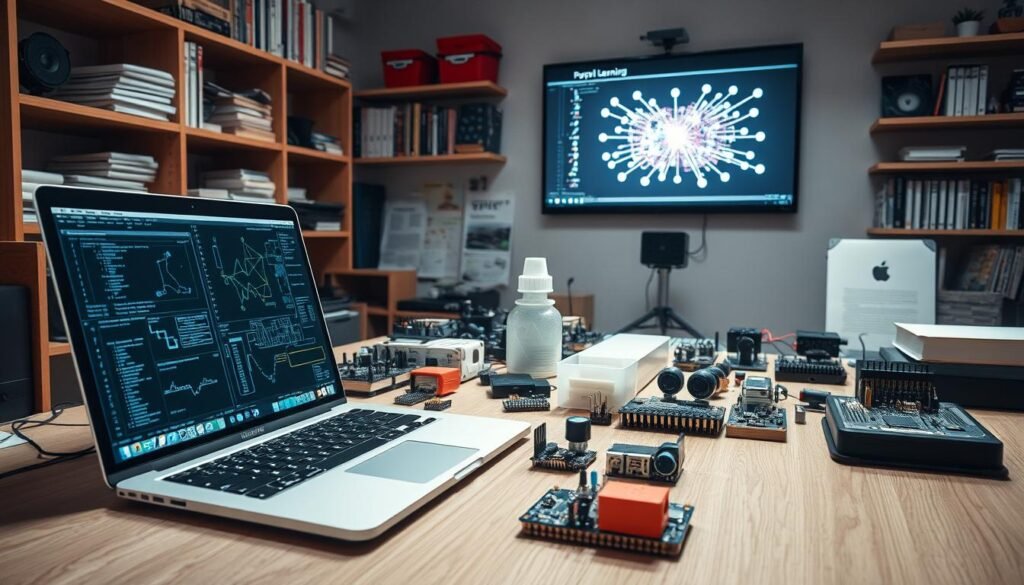 A well-lit, high-resolution image of a workspace showcasing a variety of machine learning tools and technologies. In the foreground, a sleek, modern laptop displays complex algorithms and data visualizations. Beside it, an array of sensors, microcontrollers, and circuit boards demonstrate the hardware components integral to machine learning systems. In the middle ground, 3D-printed prototypes and model iterations suggest an iterative, hands-on approach to model development. The background features a large display panel presenting a neural network architecture, while shelves hold reference books, coding manuals, and hardware development kits, conveying a sense of intellectual rigor and technical mastery. The overall scene exudes a mood of focused innovation and cutting-edge exploration in the field of machine learning.