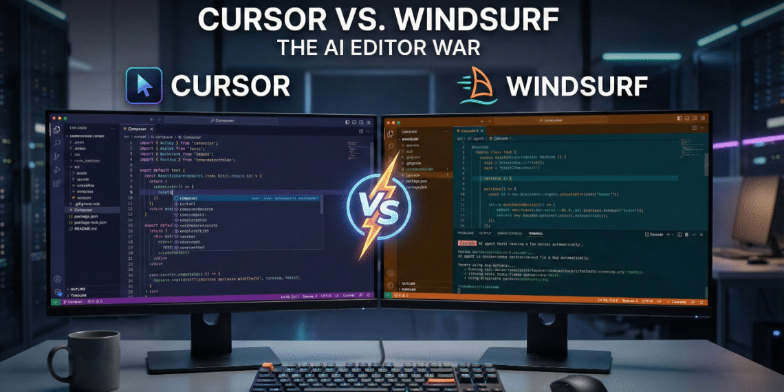 Split screen comparison showing Cursor vs Windsurf AI code editor interfaces with Composer and Cascade features side by side.