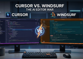 Split screen comparison showing Cursor vs Windsurf AI code editor interfaces with Composer and Cascade features side by side.