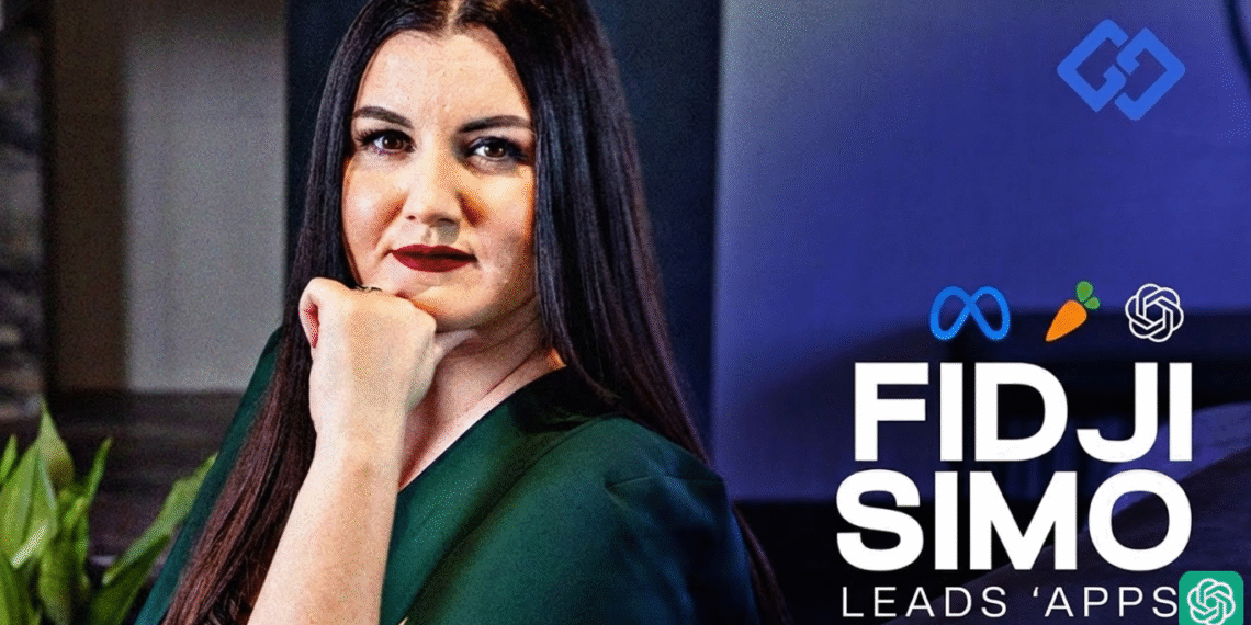 dji Simo, OpenAI's new CEO of Applications, graphic with Meta and Instacart logos highlighting her tech leadership background.