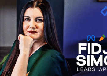 dji Simo, OpenAI's new CEO of Applications, graphic with Meta and Instacart logos highlighting her tech leadership background.