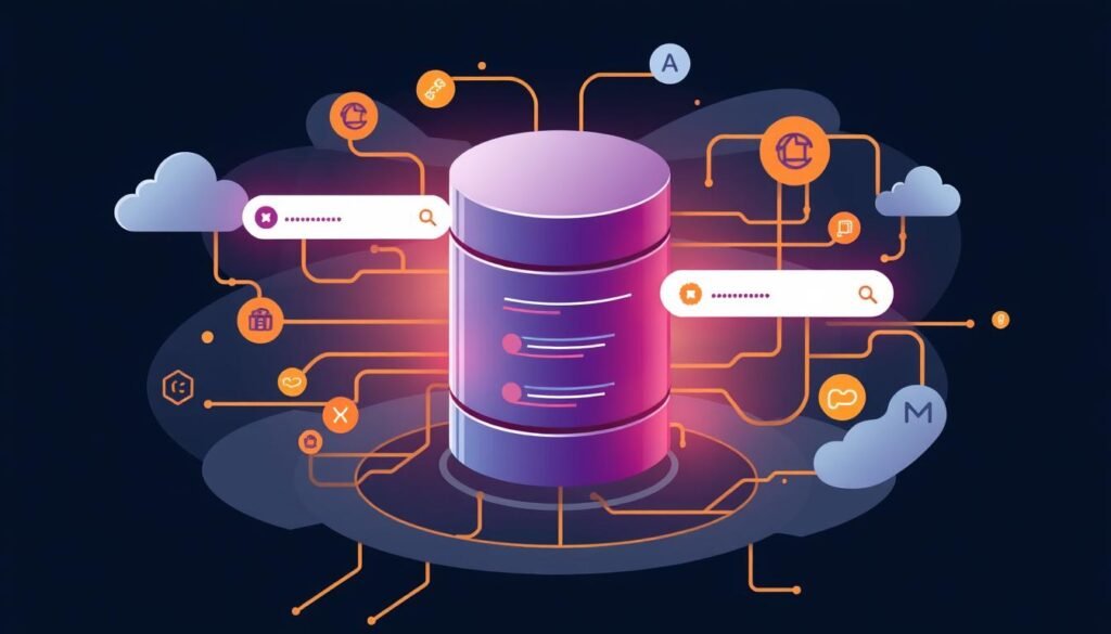 Generate an image of a database with vector embeddings and a search query being processed. Generate an image of a database with vector embeddings and a search query being processed.