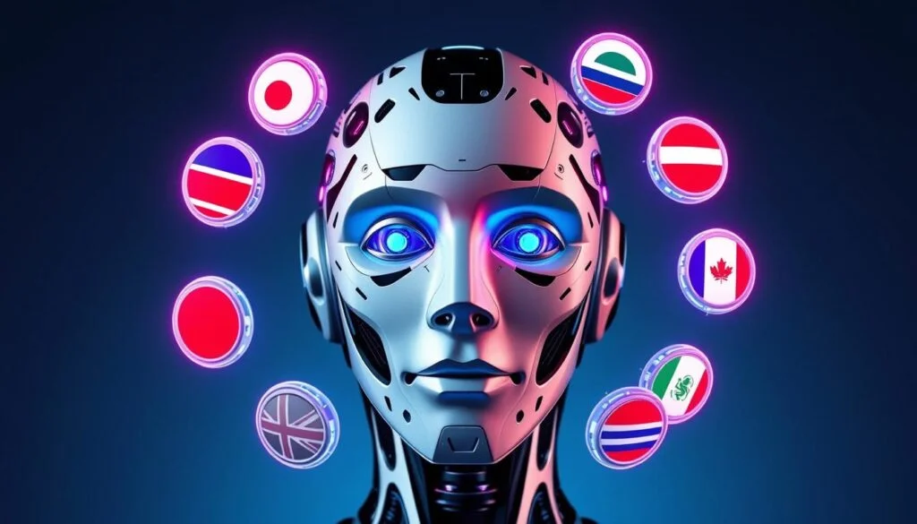 Generate an image of a futuristic AI model with multiple language icons surrounding it.