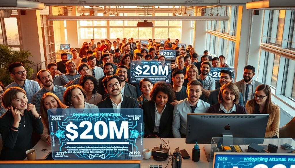 Prompt A bustling open-plan office, bathed in warm, natural lighting filtered through large windows. Rows of employees, faces animated with expressions of surprise, excitement, and contemplation, gathered around holographic displays showcasing news of the DeepMind alumni's groundbreaking $20M funding for their new reasoning model. The atmosphere is one of anticipation and curiosity, as the team leans in, eager to discuss the implications and potential impact of this cutting-edge AI development. Sleek, minimalist workstations and modern decor create a professional, technology-driven ambiance, reflecting the industry's keen interest in the latest advancements in artificial intelligence.