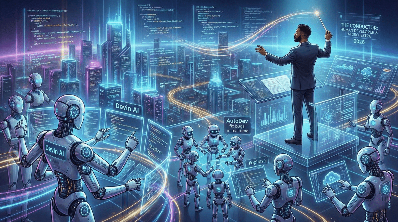Futuristic illustration of a human developer conducting an orchestra of AI coding agents like Devin and AutoDev