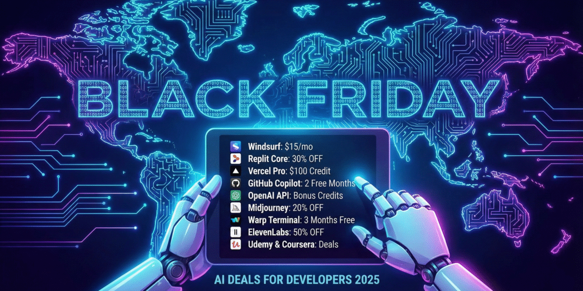 Futuristic developer workspace with holographic discount symbols representing Black Friday AI deals.