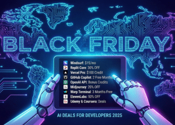 Futuristic developer workspace with holographic discount symbols representing Black Friday AI deals.