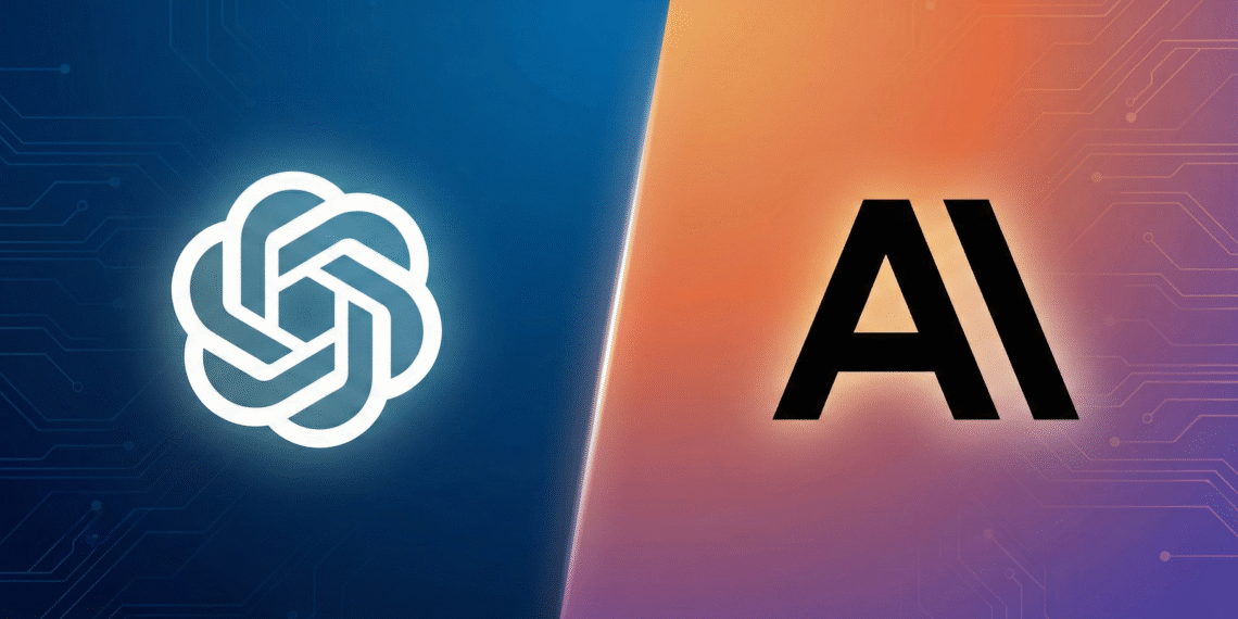 Split screen comparison showing the OpenAI logo in a dark zone versus the glowing Anthropic Claude logo, representing the switch from ChatGPT Plus.