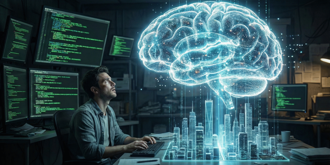 A conceptual illustration for the Claude Opus 4.5 review, depicting a massive, glowing AI brain generating a complex digital city structure while an overwhelmed human developer looks on.