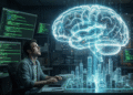 A conceptual illustration for the Claude Opus 4.5 review, depicting a massive, glowing AI brain generating a complex digital city structure while an overwhelmed human developer looks on.