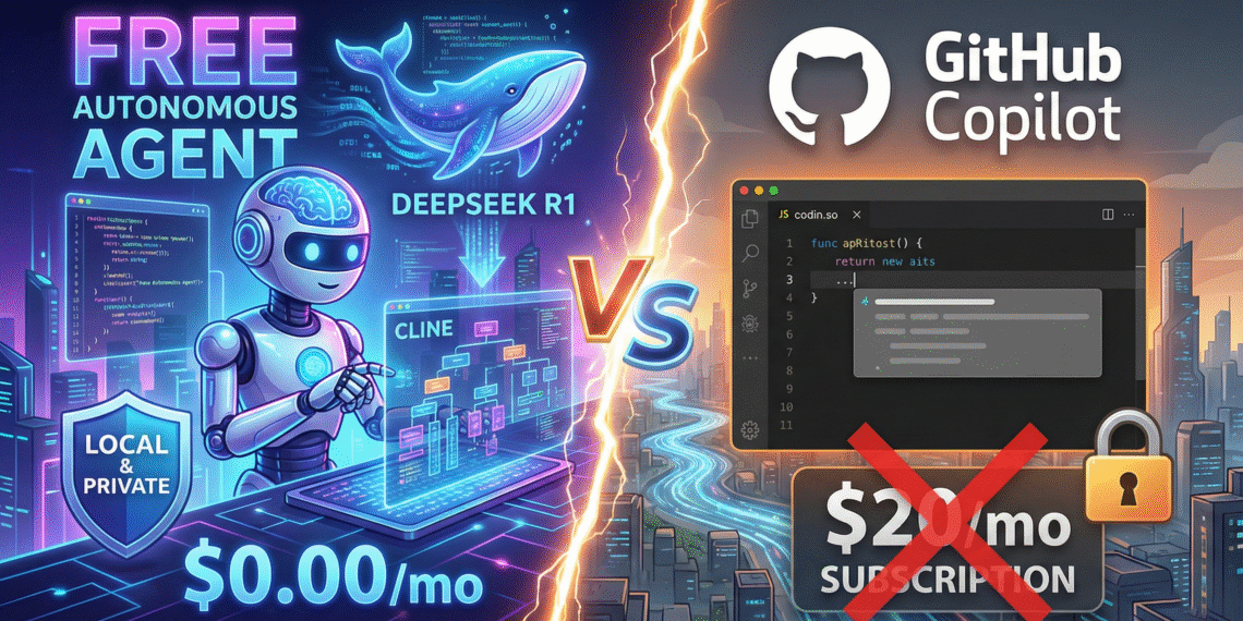 Split-screen illustration showing the free autonomous agent Cline with DeepSeek R1 versus a paid GitHub Copilot subscription, highlighting the switch to local AI.