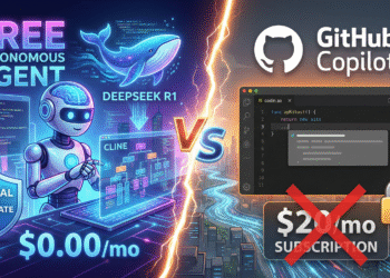 Split-screen illustration showing the free autonomous agent Cline with DeepSeek R1 versus a paid GitHub Copilot subscription, highlighting the switch to local AI.