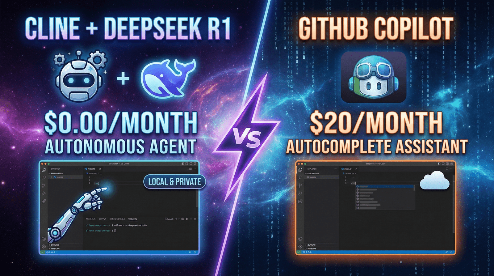 Split screen comparison of Cline AI Agent vs GitHub Copilot logo