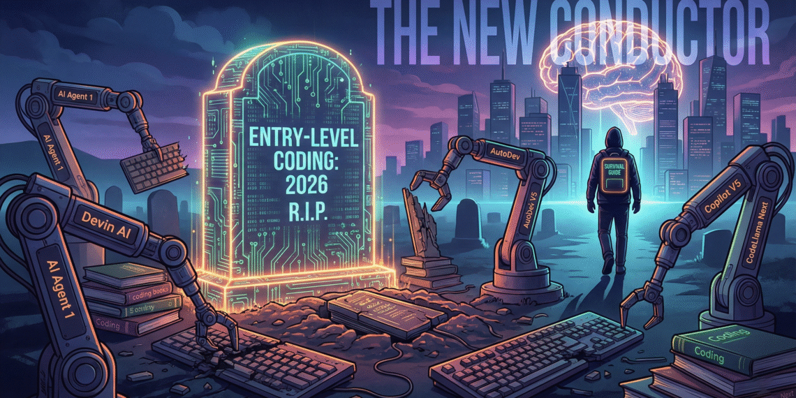 Futuristic illustration showing a glowing 'ENTRY-LEVEL CODING: 2026 R.I.P.' tombstone with AI robot arms labeled Devin AI, AutoDev, and Copilot V5 dismantling old keyboards. A human figure labeled 'SURVIVAL GUIDE' walks towards a city skyline under the text 'THE NEW CONDUCTOR', representing the evolution of junior jobs.