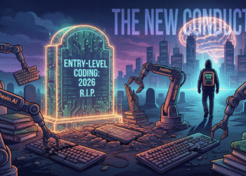 Futuristic illustration showing a glowing 'ENTRY-LEVEL CODING: 2026 R.I.P.' tombstone with AI robot arms labeled Devin AI, AutoDev, and Copilot V5 dismantling old keyboards. A human figure labeled 'SURVIVAL GUIDE' walks towards a city skyline under the text 'THE NEW CONDUCTOR', representing the evolution of junior jobs.