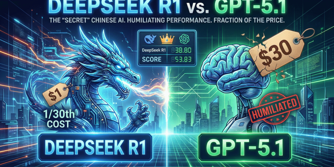 Futuristic illustration comparing DeepSeek R1 (depicted as a powerful blue dragon with a $1 price tag) against GPT-5.1 (a cyborg brain with a $30 price tag and a "HUMILIATED" stamp), highlighting the massive cost difference in this review.