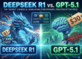 Futuristic illustration comparing DeepSeek R1 (depicted as a powerful blue dragon with a $1 price tag) against GPT-5.1 (a cyborg brain with a $30 price tag and a "HUMILIATED" stamp), highlighting the massive cost difference in this review.