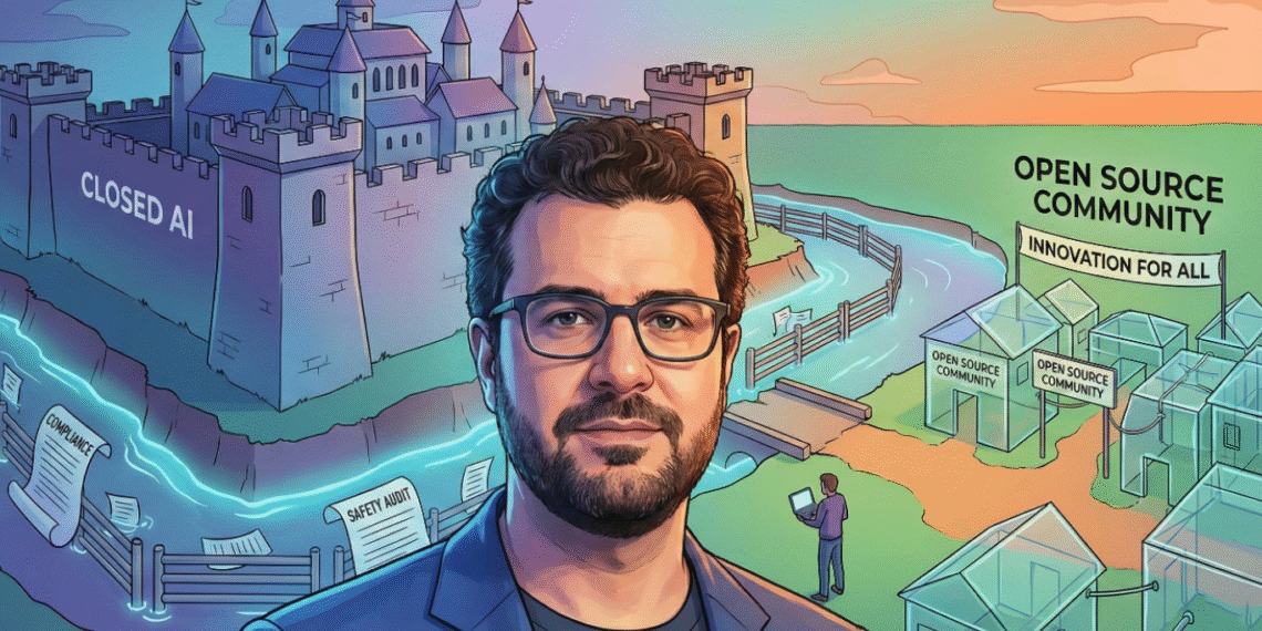 Conceptual illustration of a digital moat separating Big Tech AI companies from the open-source developer community.