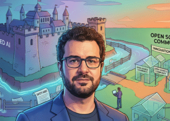 Conceptual illustration of a digital moat separating Big Tech AI companies from the open-source developer community.