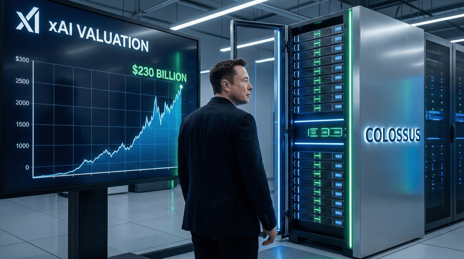 Elon Musk looking at xAI valuation chart next to Colossus supercomputer