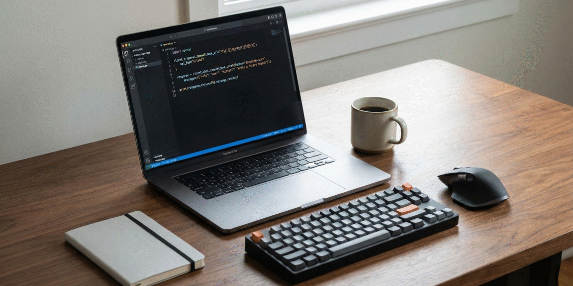 Professional developer workspace with a monitor displaying Python code in VS Code, illustrating open source AI coding tools workflow.