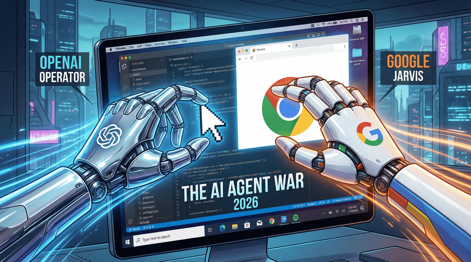Futuristic concept of AI agents Operator and Jarvis taking control of a computer screen and mouse