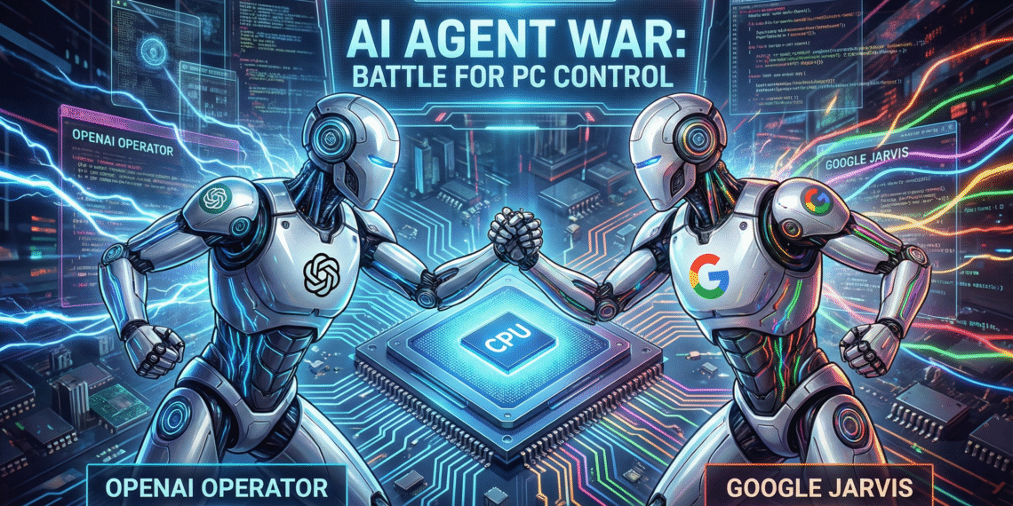 Futuristic split-screen illustration of OpenAI Operator and Google Jarvis as autonomous AI agents fighting for control of a computer interface.