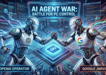 Futuristic split-screen illustration of OpenAI Operator and Google Jarvis as autonomous AI agents fighting for control of a computer interface.