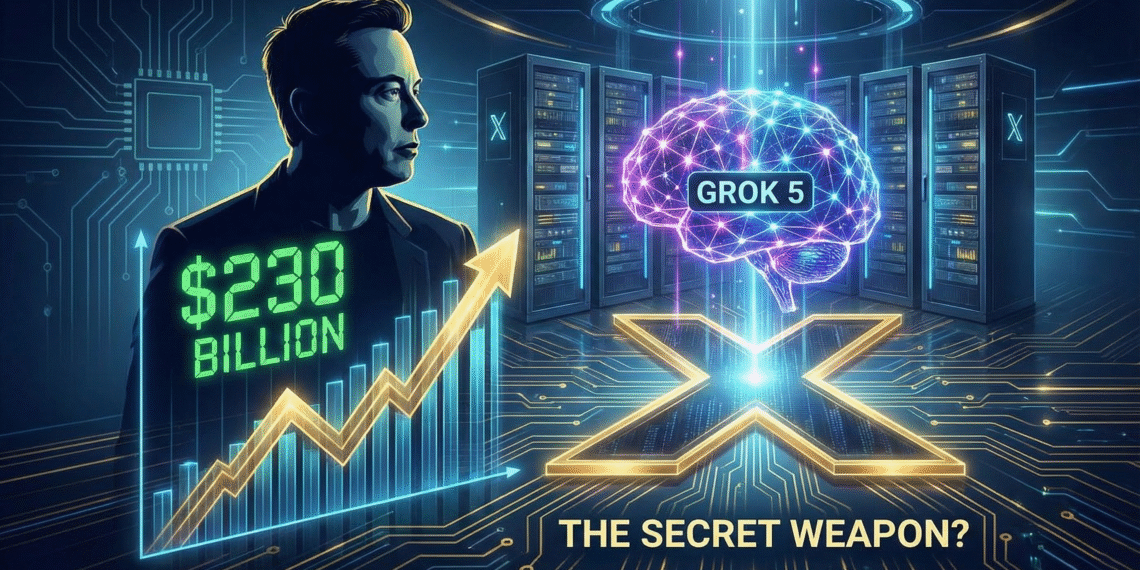 Futuristic concept illustration of the xAI Colossus supercomputer cluster powering the Grok 5 AI model.