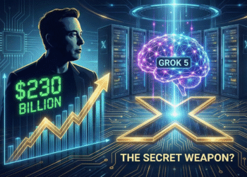 Futuristic concept illustration of the xAI Colossus supercomputer cluster powering the Grok 5 AI model.