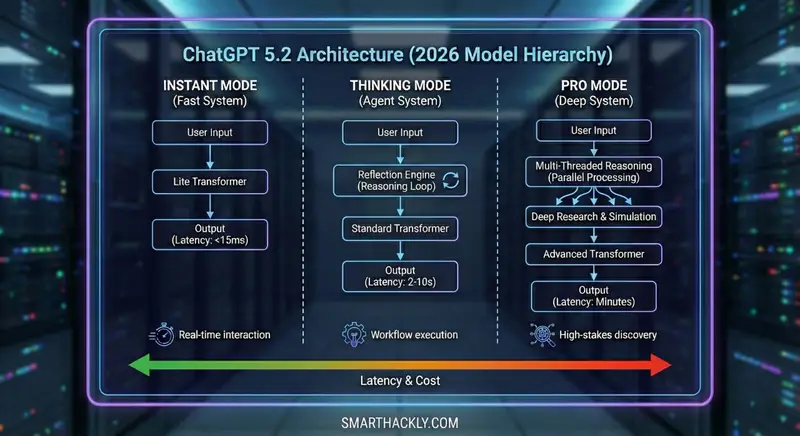 ChatGPT 5.2 architecture diagram comparing Instant, Thinking, and Pro modes
