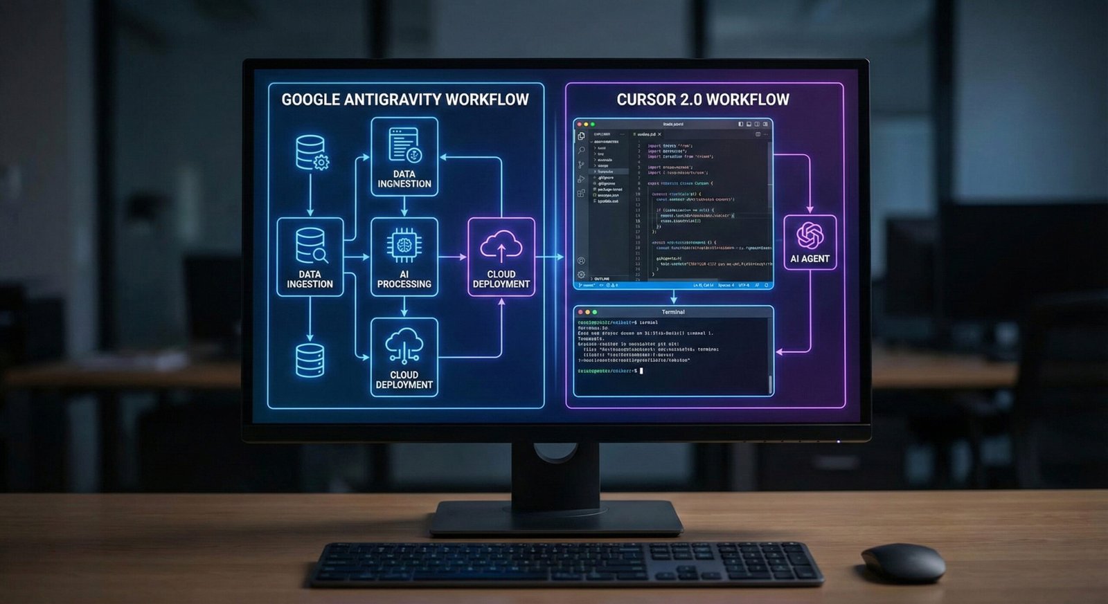 Autonomous AI Agents dashboard showing Google Antigravity and Cursor 2.0 workflows