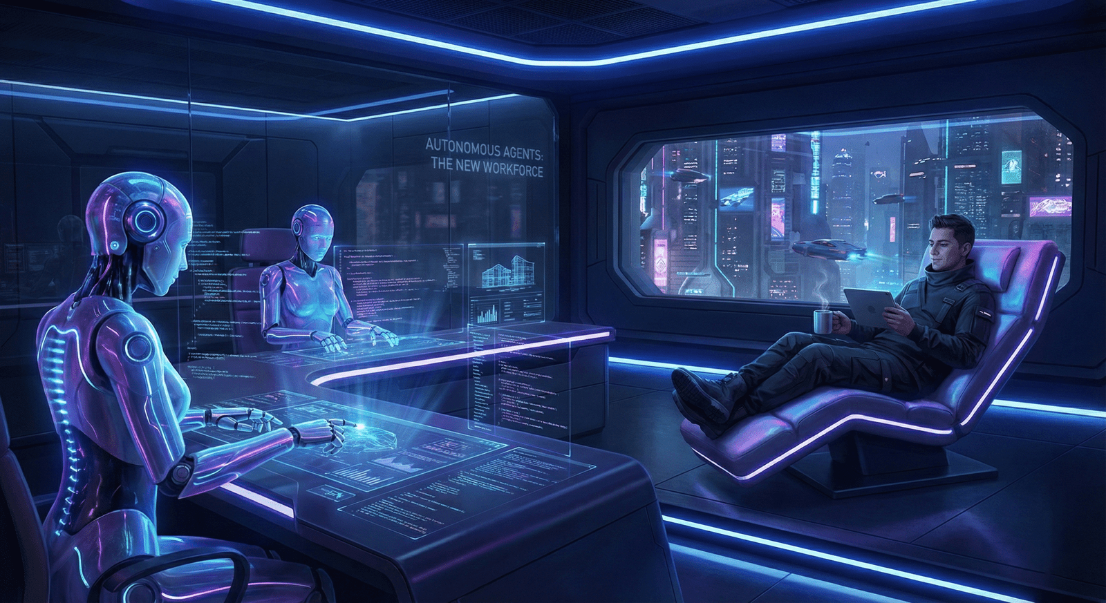 Futuristic illustration of autonomous agents working at a desk while a human developer relaxes, symbolizing the shift from chatbots to agents.