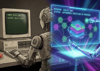 Split-screen evolution comparison showing an outdated, pixelated chatbot interface on the left versus futuristic Autonomous AI Agents actively building complex software architecture on the right