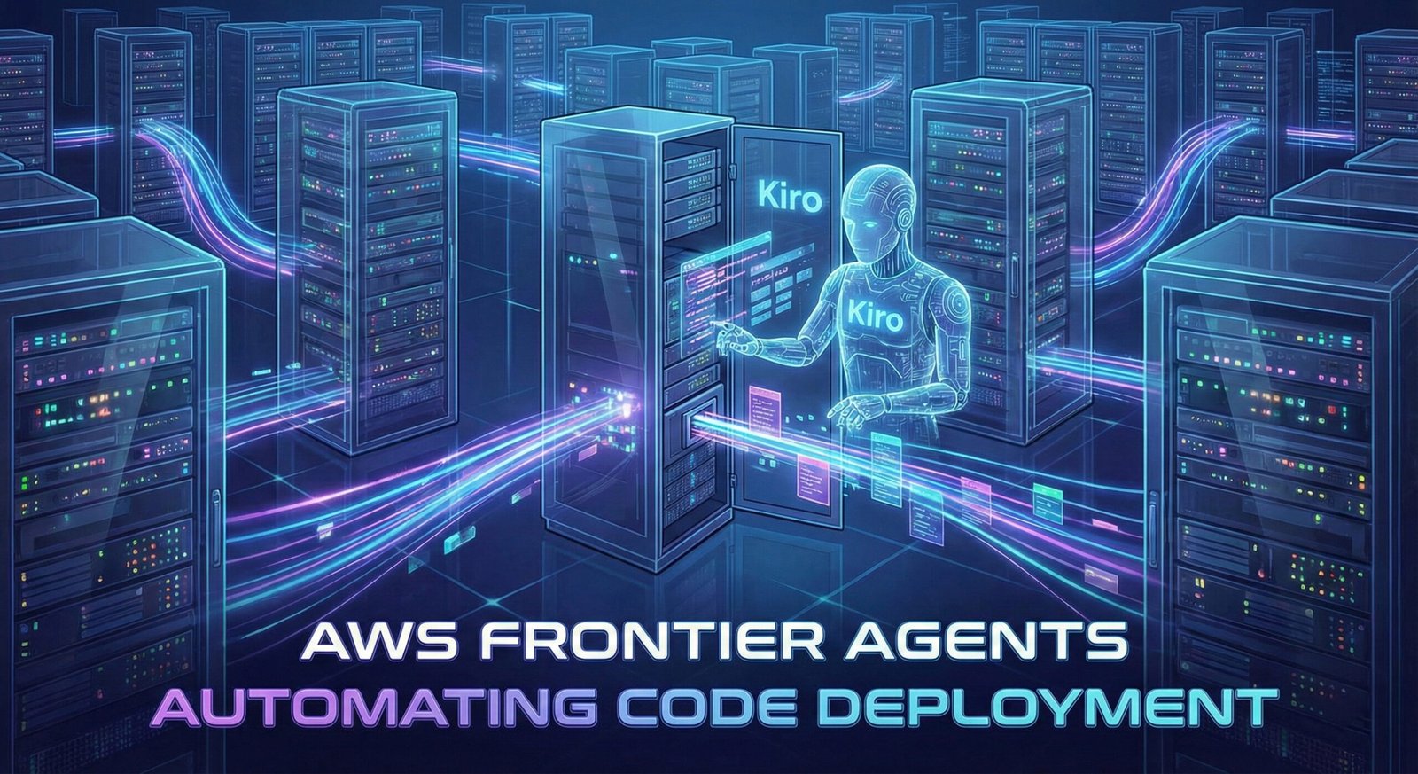 Futuristic illustration of AWS Frontier Agents (Kiro) automating code deployment on a server rack.